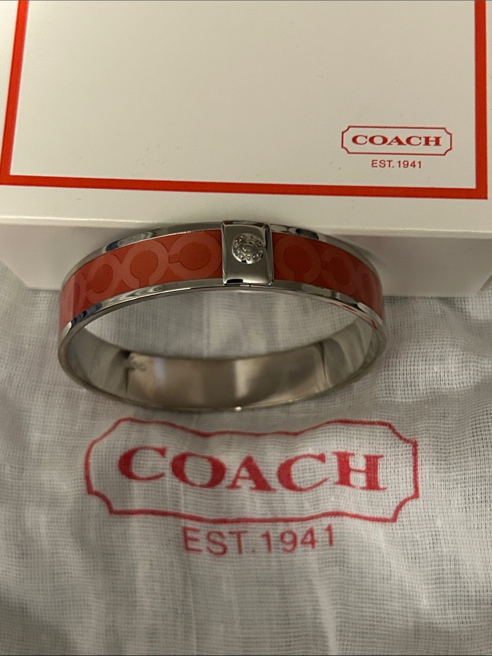 Coach Orange Enamel Signature Hinged Bangle Bracelet